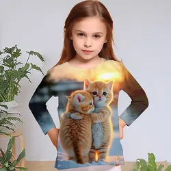 3D Cat Graphic T Shirts Autumn Clothing for Girls O-Neck Streetwear Top Long Sleeve T-Shirt Cartoon Animal Children's T-Shirts