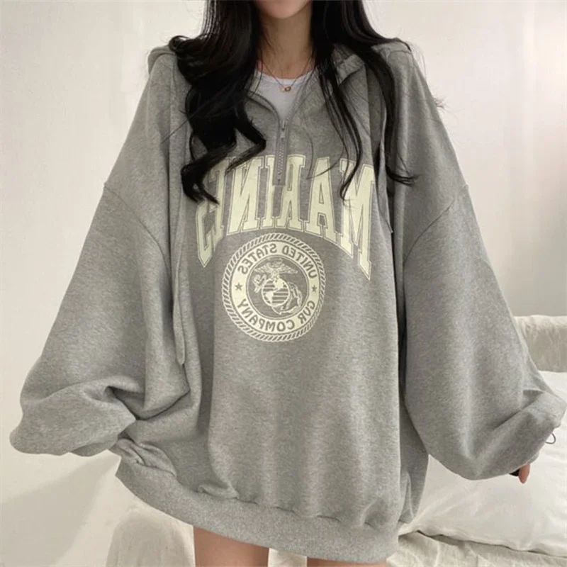 Lazy Style Pullover Long Sleeves Zipper Hoodie for Women's Spring Autumn New Large Size Loose Slimming Hoodie T-shirt for Women