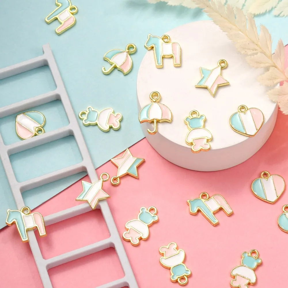 PandaHall  50 Pcs 5 Styles Rainbow Pastel Colored Enamel Bear Horse Heart Umbrella Star Charms for Jewelry Making