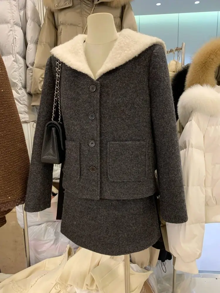 النمط البريطاني البحرية طوق أسفل سترة الشتاء الجديدة كلمة تنورة قصيرة الصوفية دعوى النساء #4