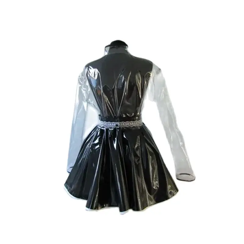 French Sexy Adult Customized Fetishist Crossdressing Sissy Top Transparent PVC Black Skirt Middle Lace Splice Sweet Bow Dress