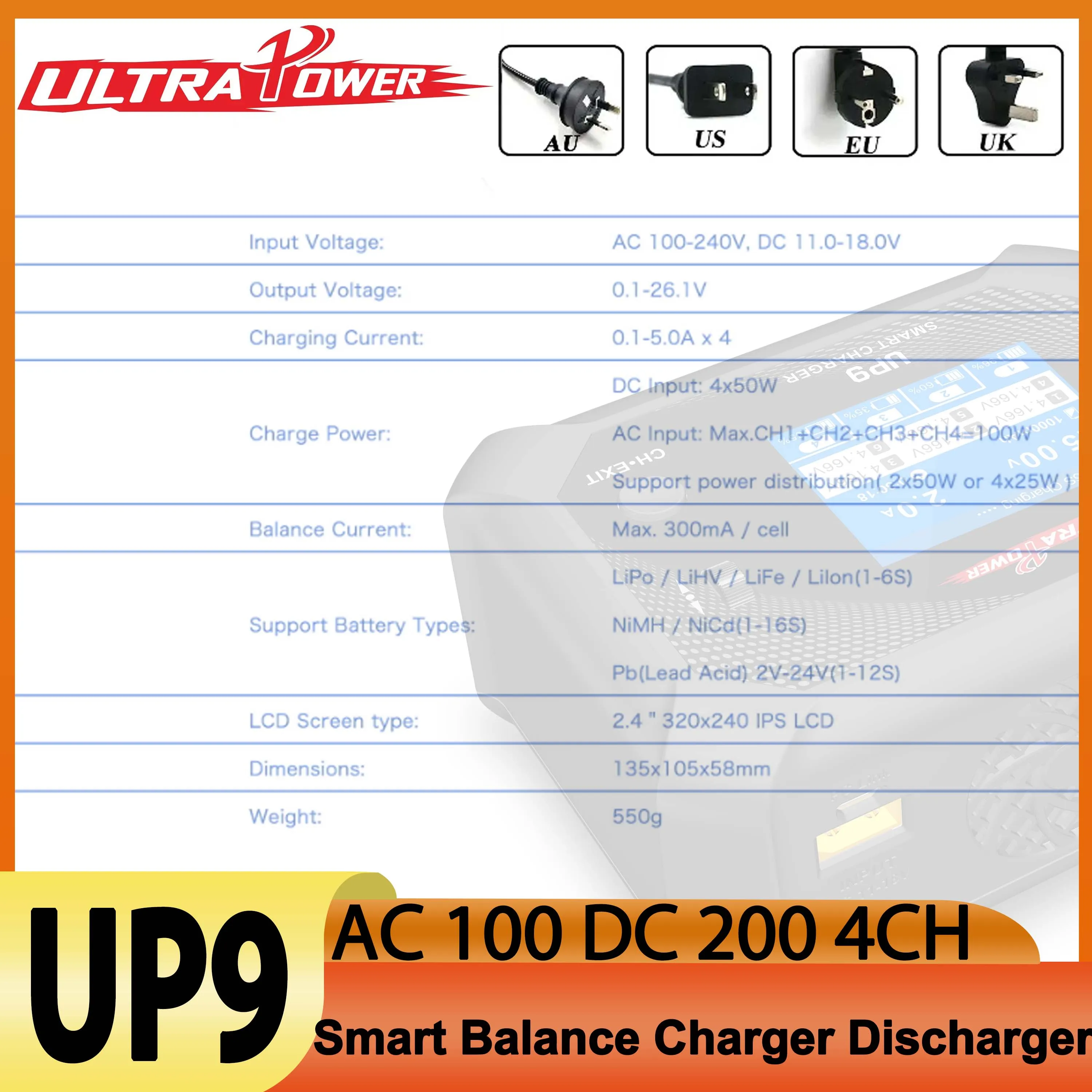

UltraPower UP9 Smart Balance Charger Discharger AC 100W DC 200W 4 Channel 4CH LCD for 1-6S Lipo LiHV Lilon LiFe NiMH Battery