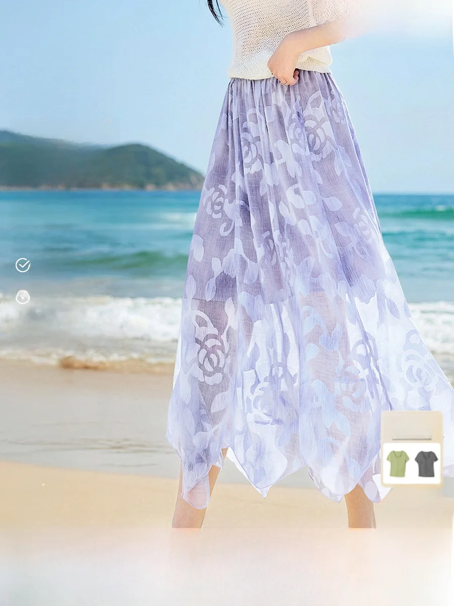 

XWI Spring Summer High Waist Irregular Half Skirt Women's Floral Print Gradient Burnout Elegant Commute Style Polyester Fiber