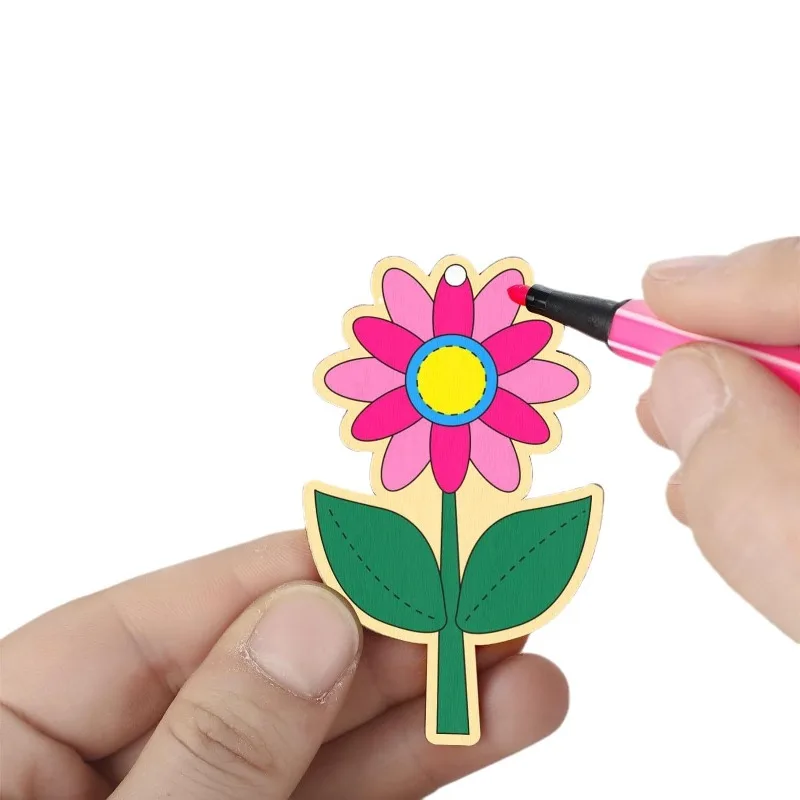 48 個子供用木製 DIY 手芸ペンダント春カラフルな花の形の吊り下げ装飾木製彫刻装飾