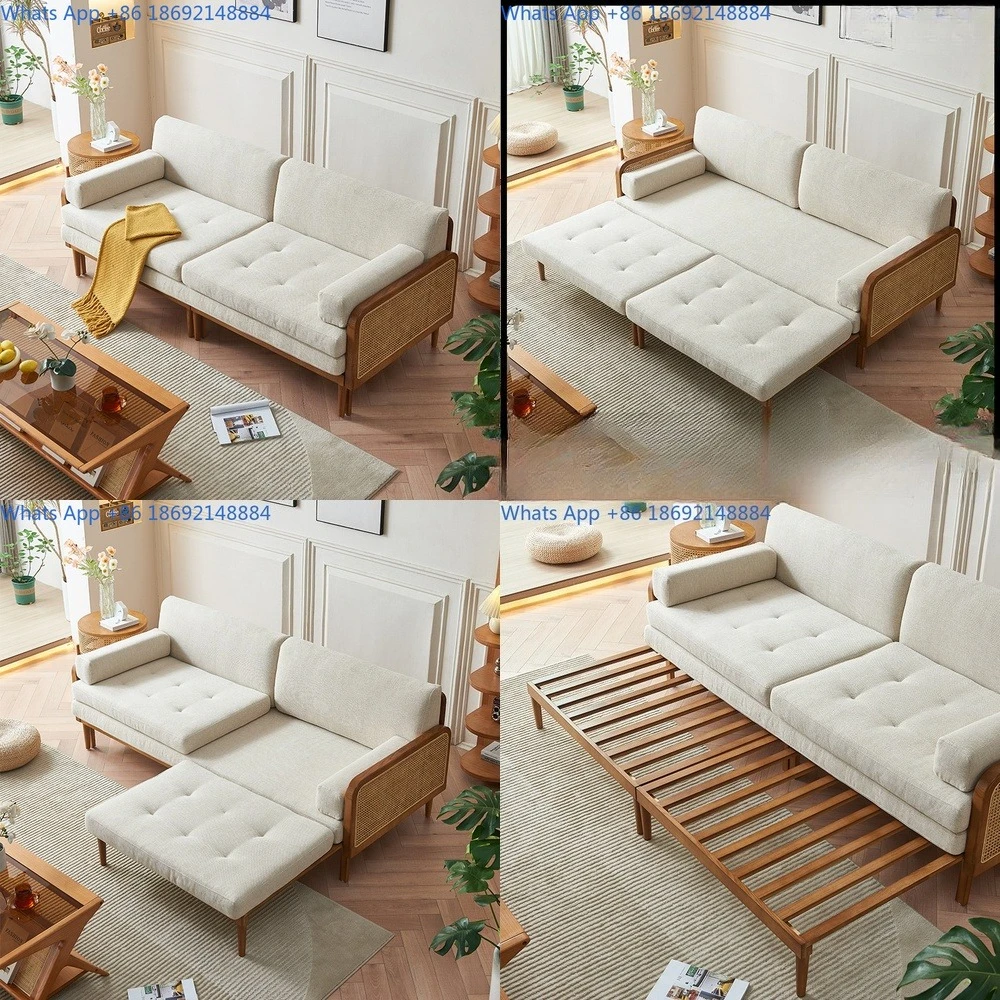 

Japanese style solid wood sofa bed convertible for small space living room rattan foldable double couch