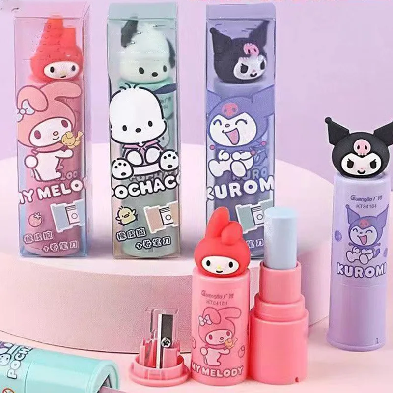 ยางลบยางลบรูปเมโลดี้ของฉัน Kawaii SANRIO Kuromi อนิเมะสุดน่ารักสร้างสรรค์ใช้งานได้หลากหลายสไตล์ลิปสติกยางลบดินสอของเล่นของขวัญสำหรับเด็กผู้หญิง