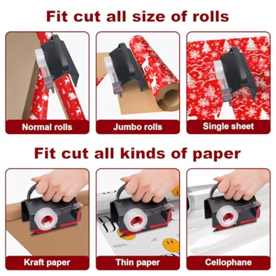 Outil d'emballage cadeau à double usage avec 4 bandes et 2 lames de rechange pour emballage de noël, d'anniversaire et de vacances, conception de tubes à trancher coulissants