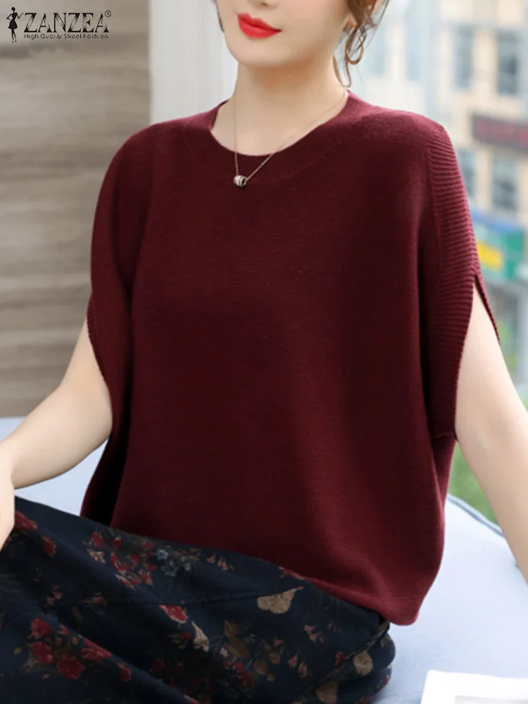 ZANZEA Bat Sleeve Stylish Tops Solid Color Elegant Women Casual Loose Blouses O Neck Korean Fashion Knitted Commute T-shirts