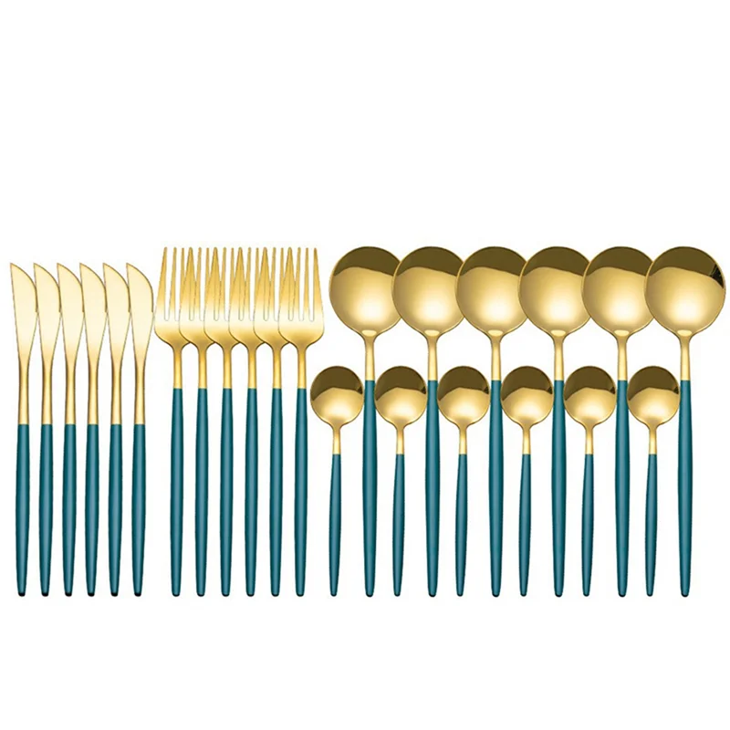 

BHBD-24Pcs Stainless Steel Dinnerware Set Cutlery Spoon Fork Knife Western Cutleri Silverware Flatware High Guality ,Green-Gold