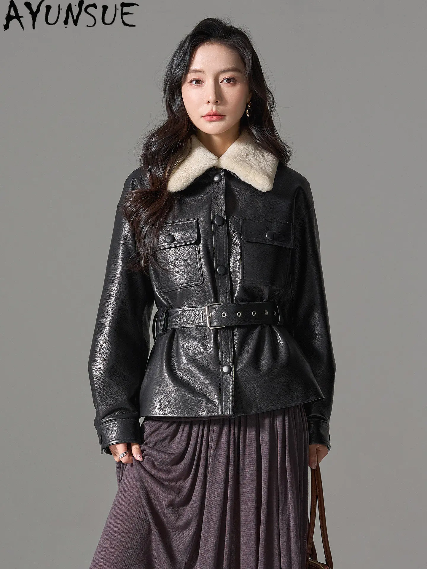 AYUNSUE Natural Sheepskin Real Leather Jacket Women 90% White Goose Down Womens Coats Winter Clothes Lamb Wool Collar Detachable