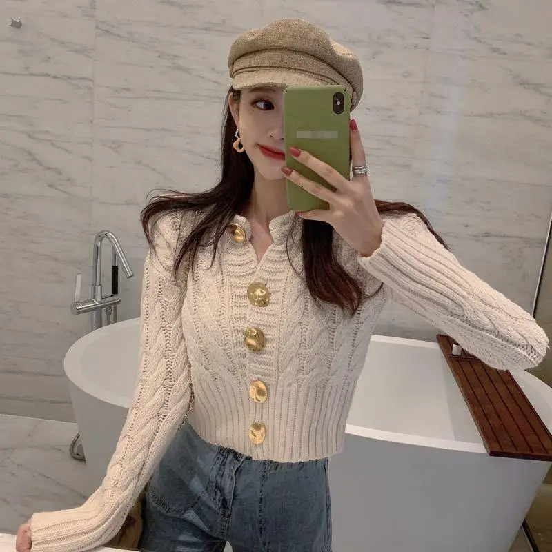 New Year\'s Short Thick Autumn Slim Fit Knitted Sweater Twisted Flowers Cardigan Outerwear Women\'s Stylish Base Inner Layer