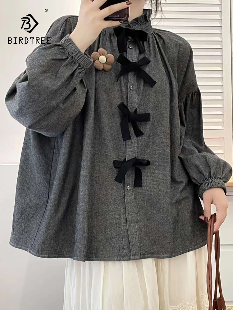 

New 2025 Autumn Cotton Long Sleeve Shirt, Women Stand Ruffles Bow Patchwork, Mori Girl Retro Sweet Loose Doll Blouse T57220CC