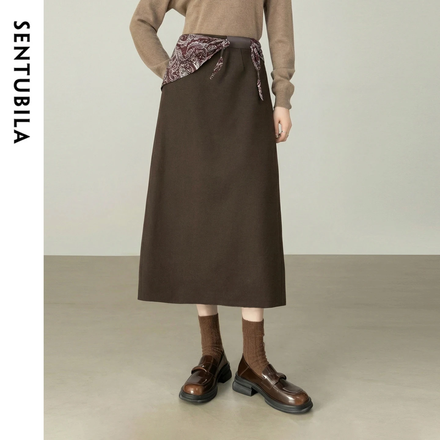 Falda de Cintura Alta para Mujer SENTUBILA 2025, Falda Recta con Bufanda Desmontable, Ropa Versátil para Otoño e Invierno, 164QA6333