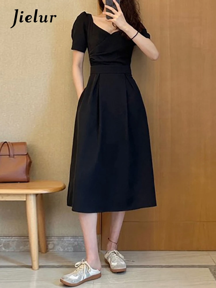 

Jielur Hepburn Style Black V-neck Female Dresses Slim Waist Puff Sleeve Solid Color Elegant Dress Summer New Chic Elegant Dress