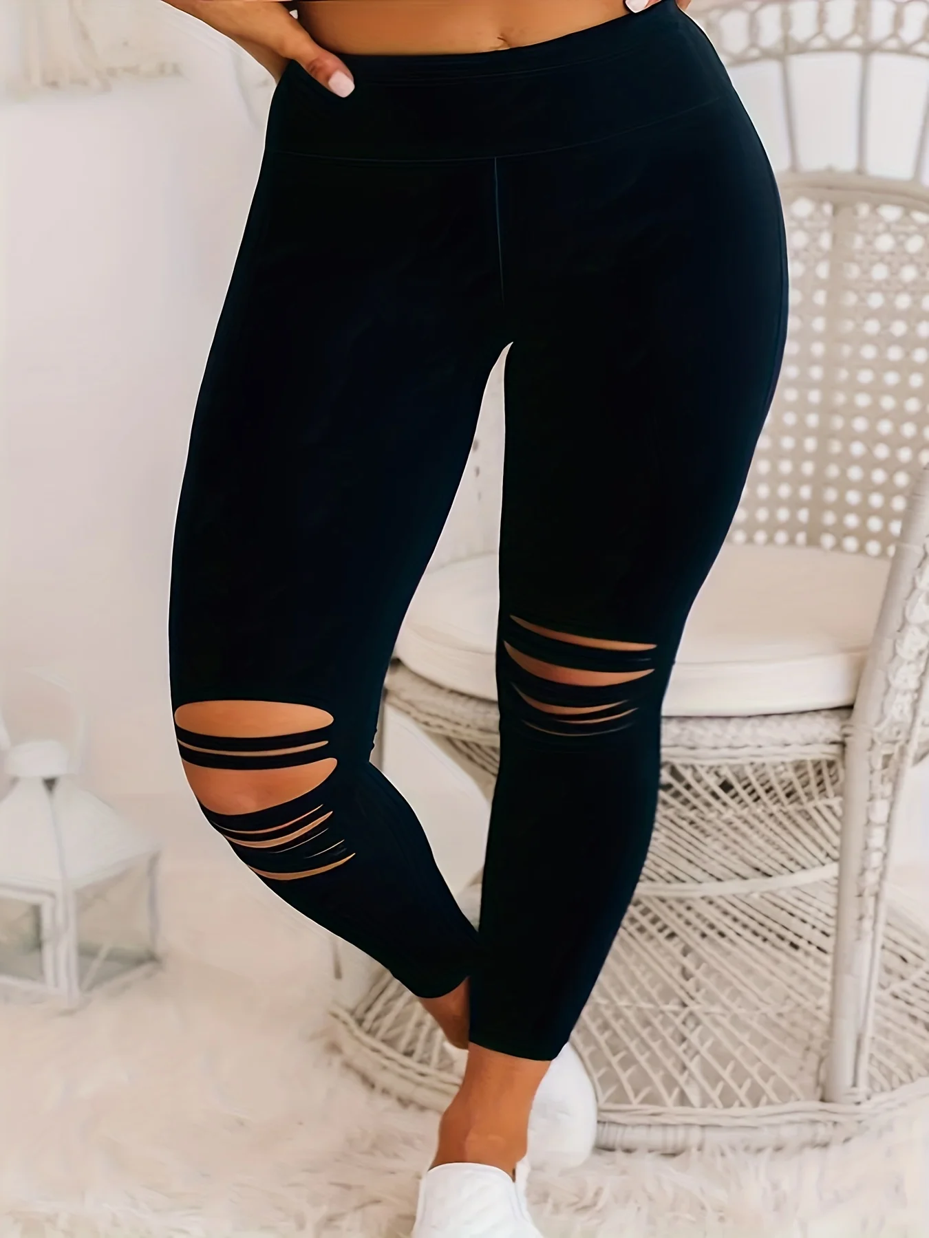 Plus Size Fashion Skinny Women\'s Ripped High Elastic Leggings