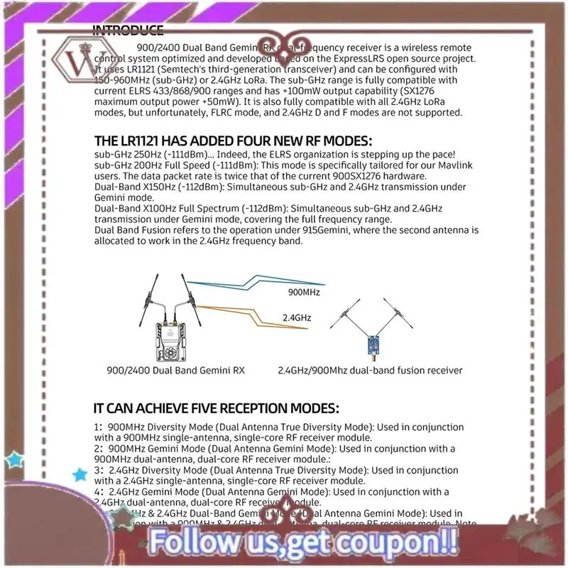 ABBG-900Mhz 2.4Ghz 915M ELRS RX Dual Band Gemini Receiver Expresslrs RX TCXO For RC FPV Racing Long Range Drone