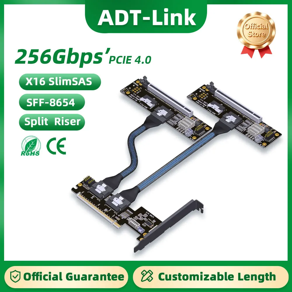 

ADT-Link PCIe 4.0 x16 SlimSAS GPU Splitter Extension Cable (1-to-2 and 1-to-4 SFF-8654) Gen4 256Gbps Graphics Card Riser Adapter