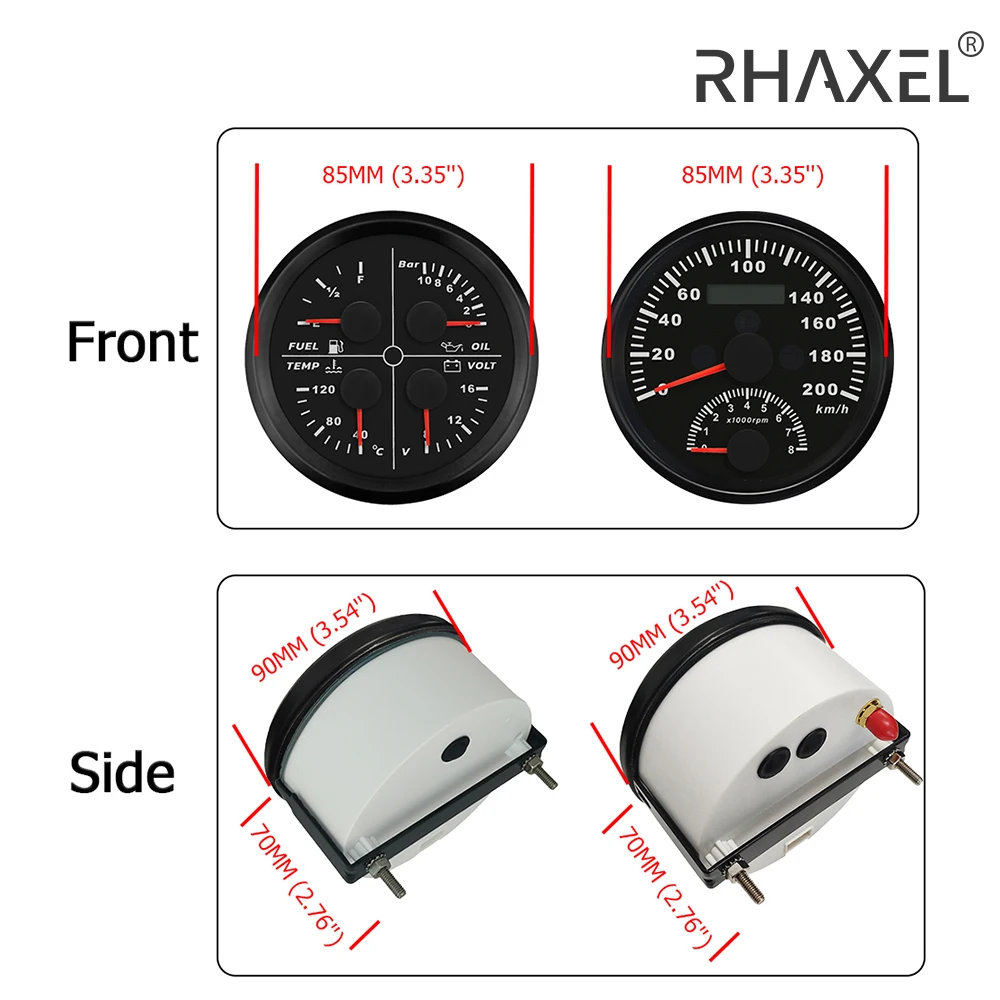 RHAXEL Car 2in1 GPS Speedometer 200km/h with Tachometer 8000RPM 4in1 Multi-Function Gauge Fuel Level 0-190ohm 240-33ohm