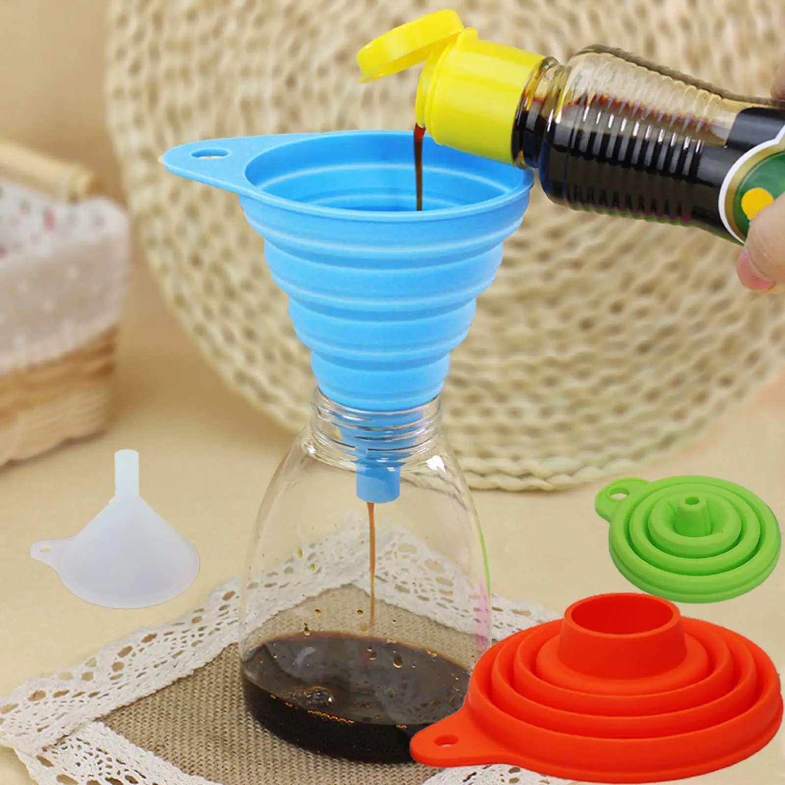 

3 Pcs Silicone Collapsible Funnel Set , Foldable Large Canning Jar Funnel for Wide Mouth and Regular Bottles Kitchen Use Filling
