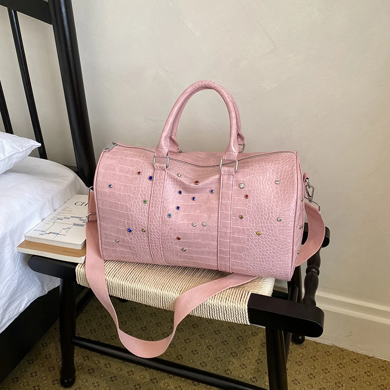 Large Capacity Boston Bag - Rhinestone Retro PU Crossbody Tote