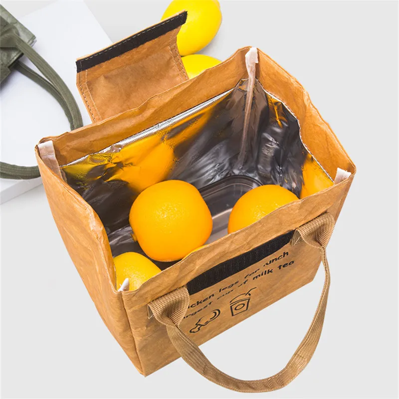 Waterproof  Kraft Paper Thermal Lunch Bags Large Capacity Foldable Food Insulation Container Portable Bento Box Cooler Pouch