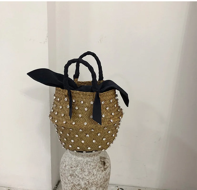 Handmade Diamond Straw Bag Designer Holiday with Pearl Ladies Woven Bucket Multi Color Handbags and Purses for Women 2020