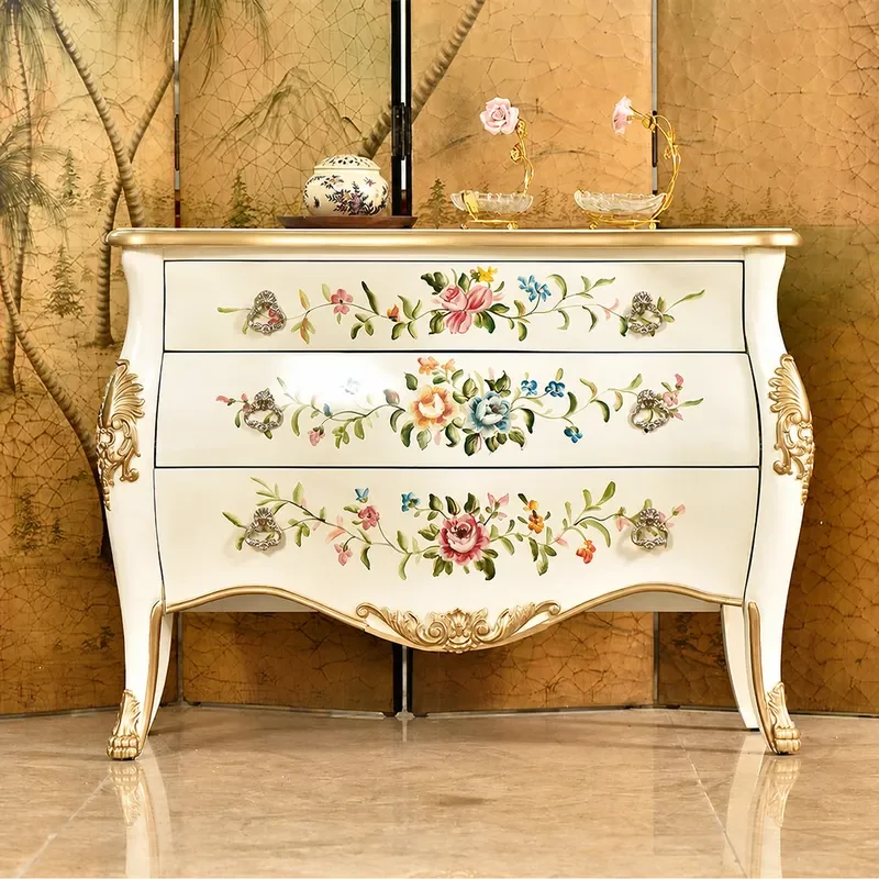Neoclassical Hand Painted Flower Three Bucket Cabinet Gold Painted Wood Carving Locker Bedroom Decorative Storage Chest