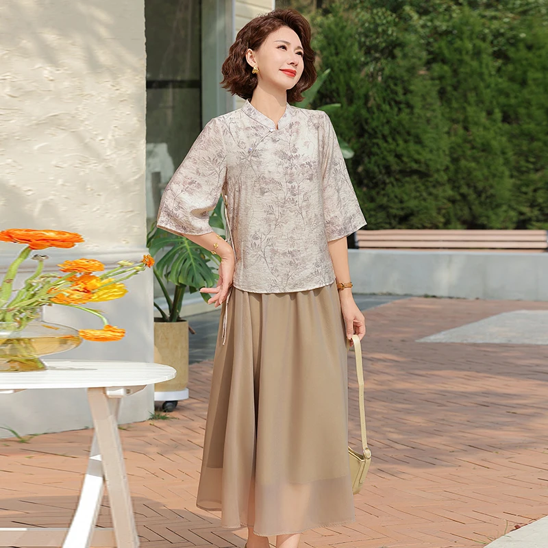 

New Chinese Sle Summer Outfit Set for Mom 2025 New Faion Mid-aged Women's Clothing Spring Summer Floral Print f Skirt ...