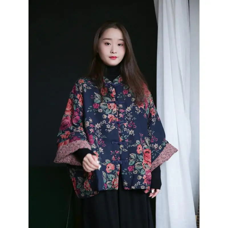 Floral Print Cotton Coat Vintage Autumn Winter Women Clothing Warm Design Chic Jackets Single Breasted Long Sleeves Outerwear