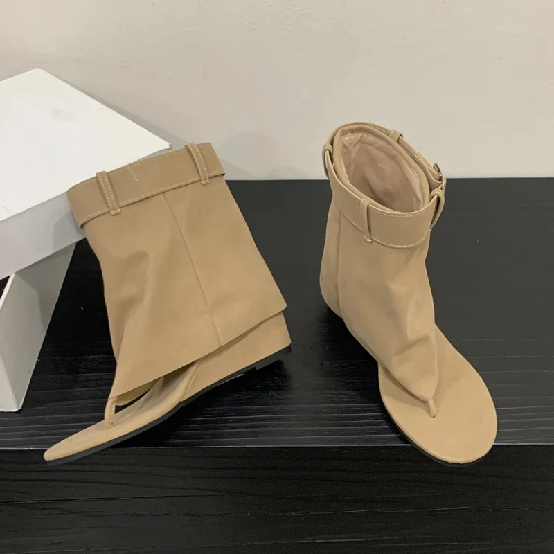 Aneikeh Street Leisure Fashion Open Clip Toe Low Heels Woman Sandals Boots Design Style Buckle Strap Flip Flops Ladies Shoes