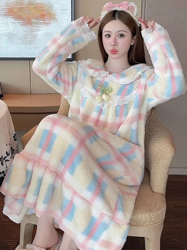 Plush Sleep Dress Women's Autumn Winter New Sweet Princess Style Long Sleeve Midi Loose Home Dress plus Size round Neck Polye...