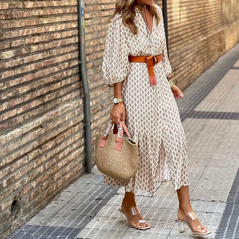 

Dress Women Long Dresses A Line Vestidos Y2k Streetwear V Neck Lantern Sleeve High Waist Belt Elegant Splice Beach Print Party