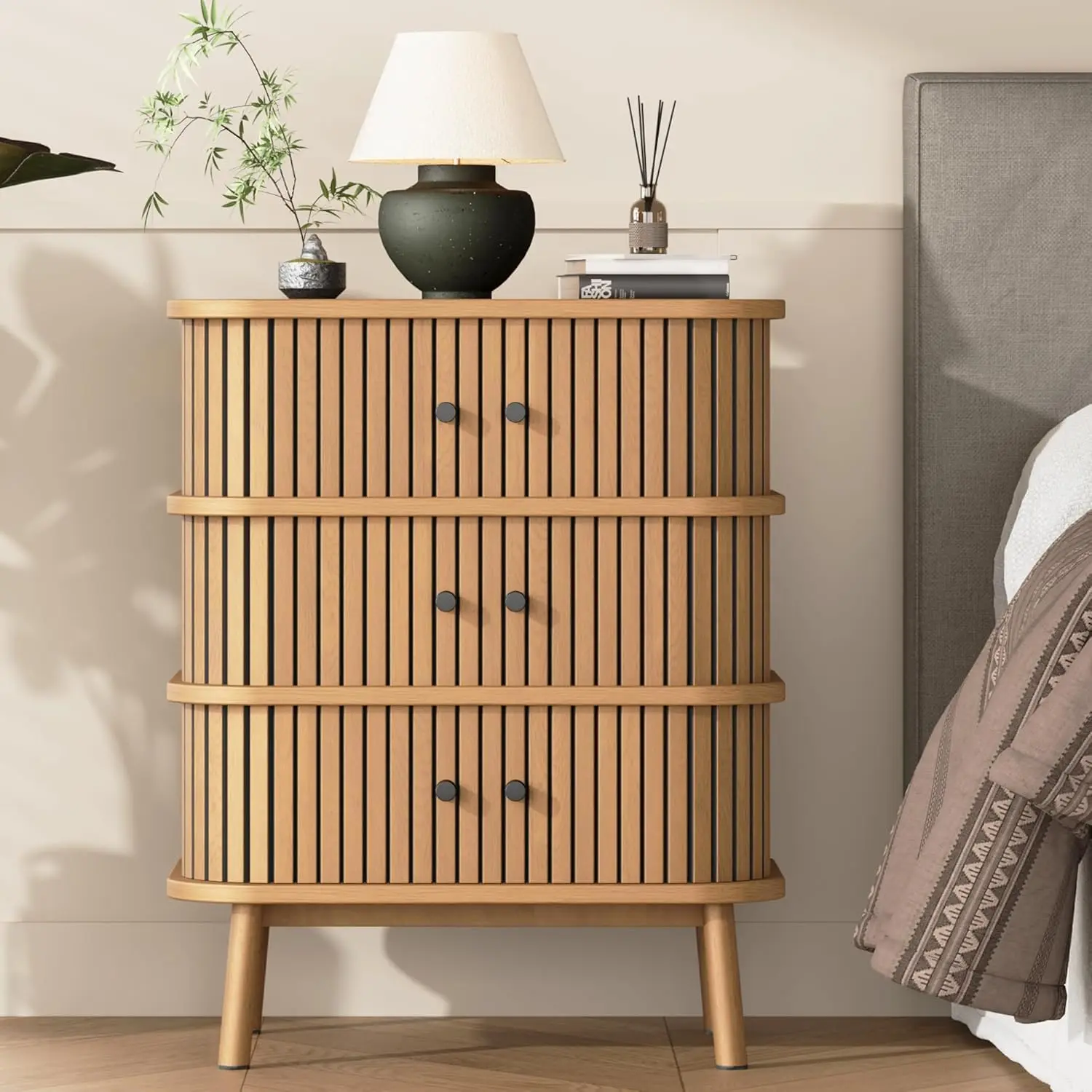 

3 Drawer Dresser, Chest Of Drawers For Bedroom, Mid Century Modern Nightstand, Spacious Storage Wicker Dresser With Matte Black