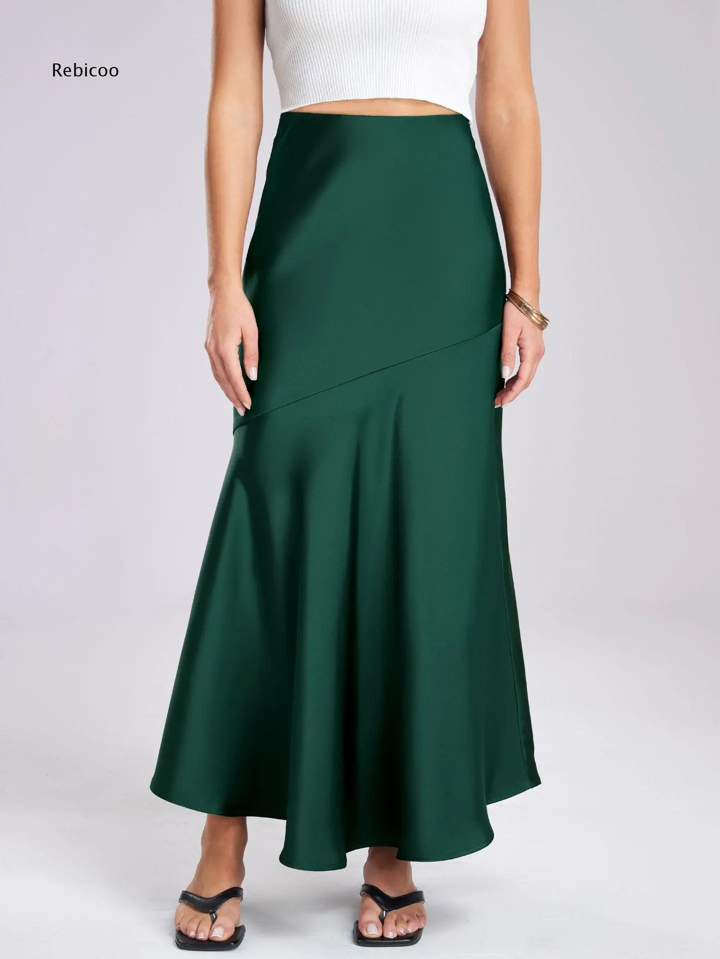 Satin High Waist Flared Maxi Skirt With Asymmetric Seam For Women For Special Dinners And Different Elegant Occasion Outfits