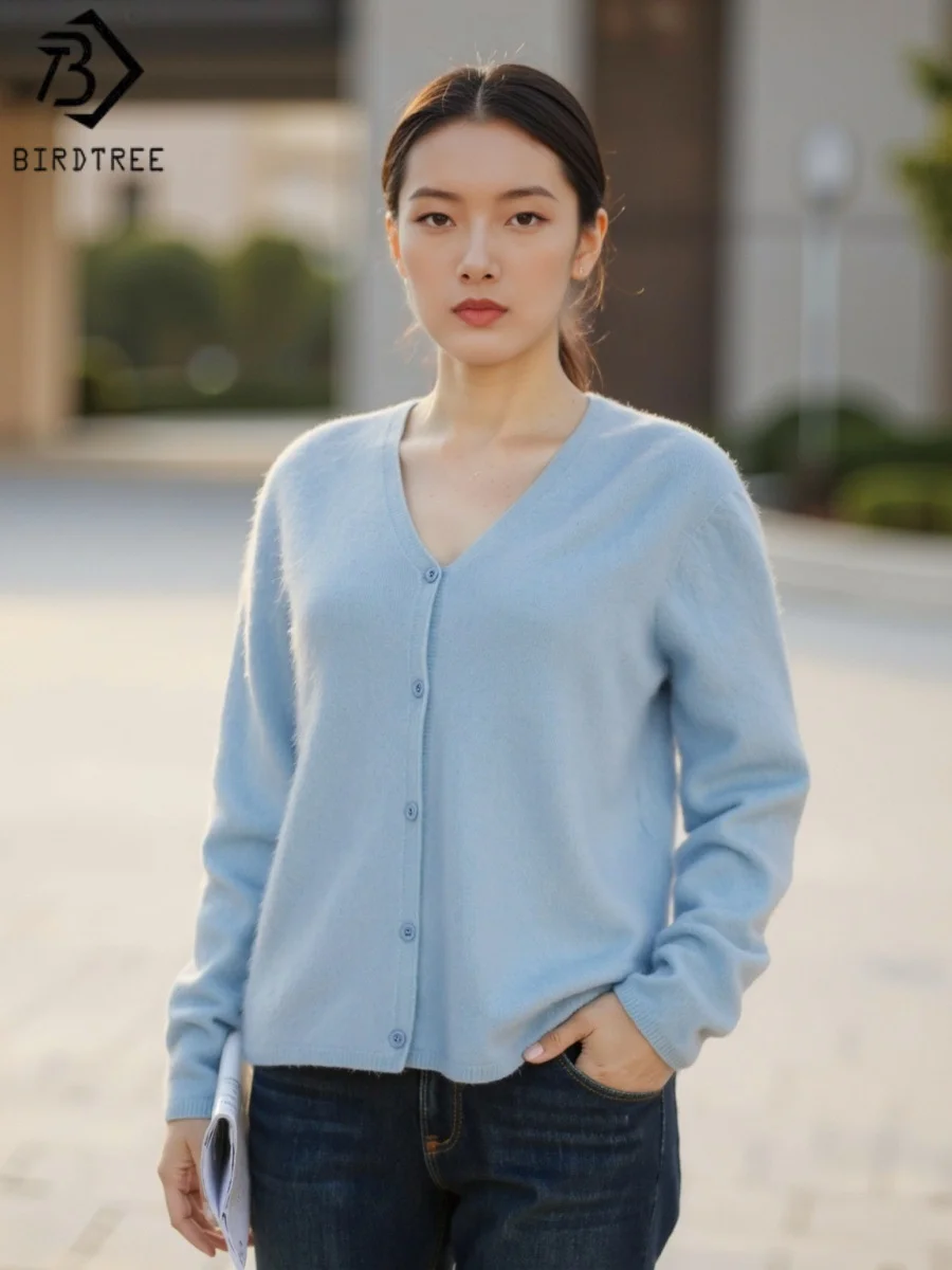 

Birdtree, 95% овечья шерсть, 5%, кашемировый бесшовный кардиган, женские однобортные вязаные топы с v-образным вырезом и длинными рукавами, осень 2023, T58227JF