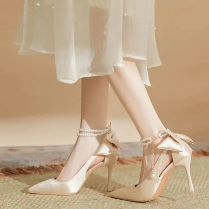 

Туфли на шпильке с бантом, модные нескользящие износостойкие туфли на высоком каблуке с острым носком, украшенные бисером