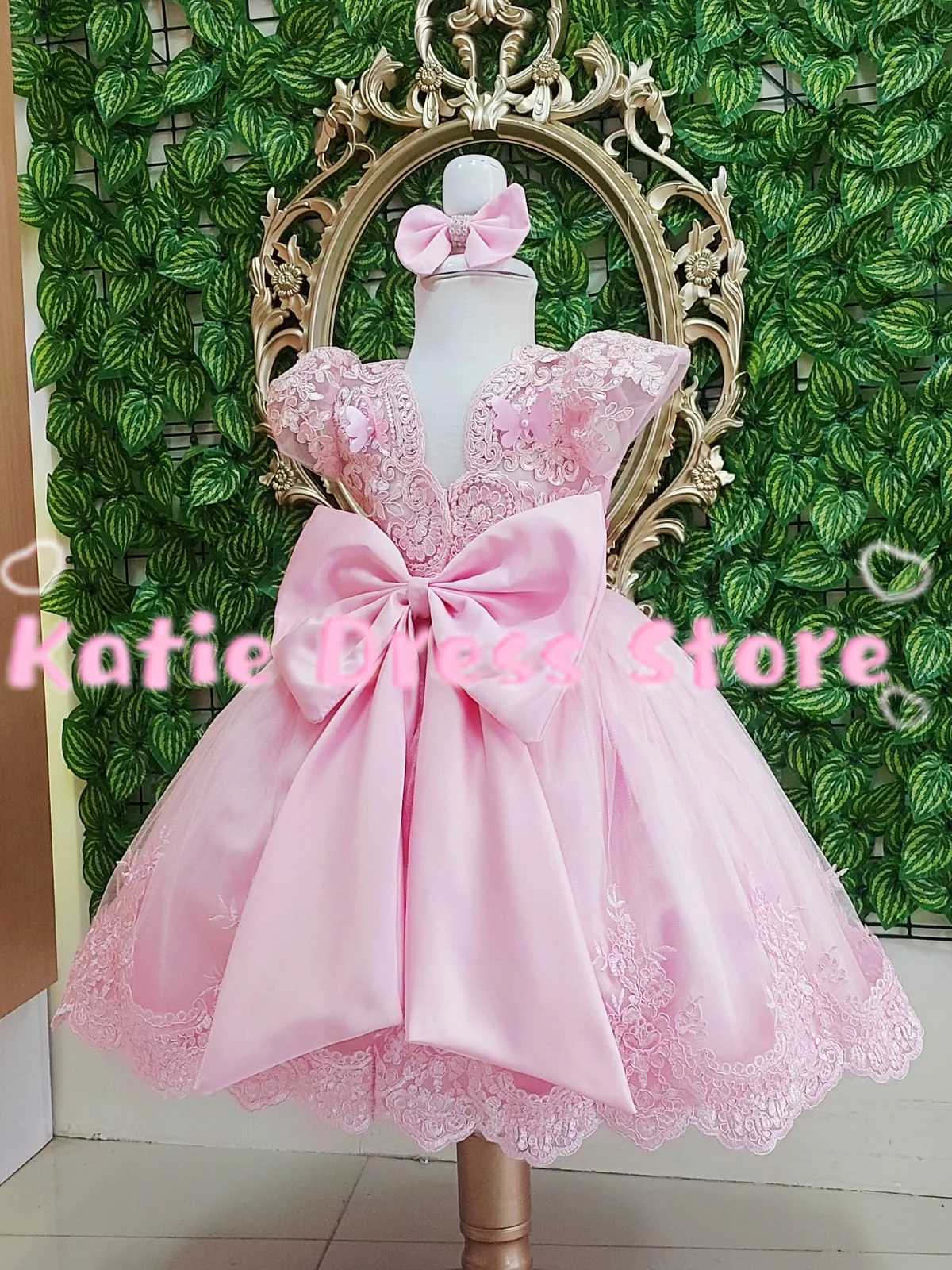 Pink Flower Girl Dress For Wedding Pearls Applique With Bow Elegant Kids Birthday Party First Communion Ball Gowns Customized
