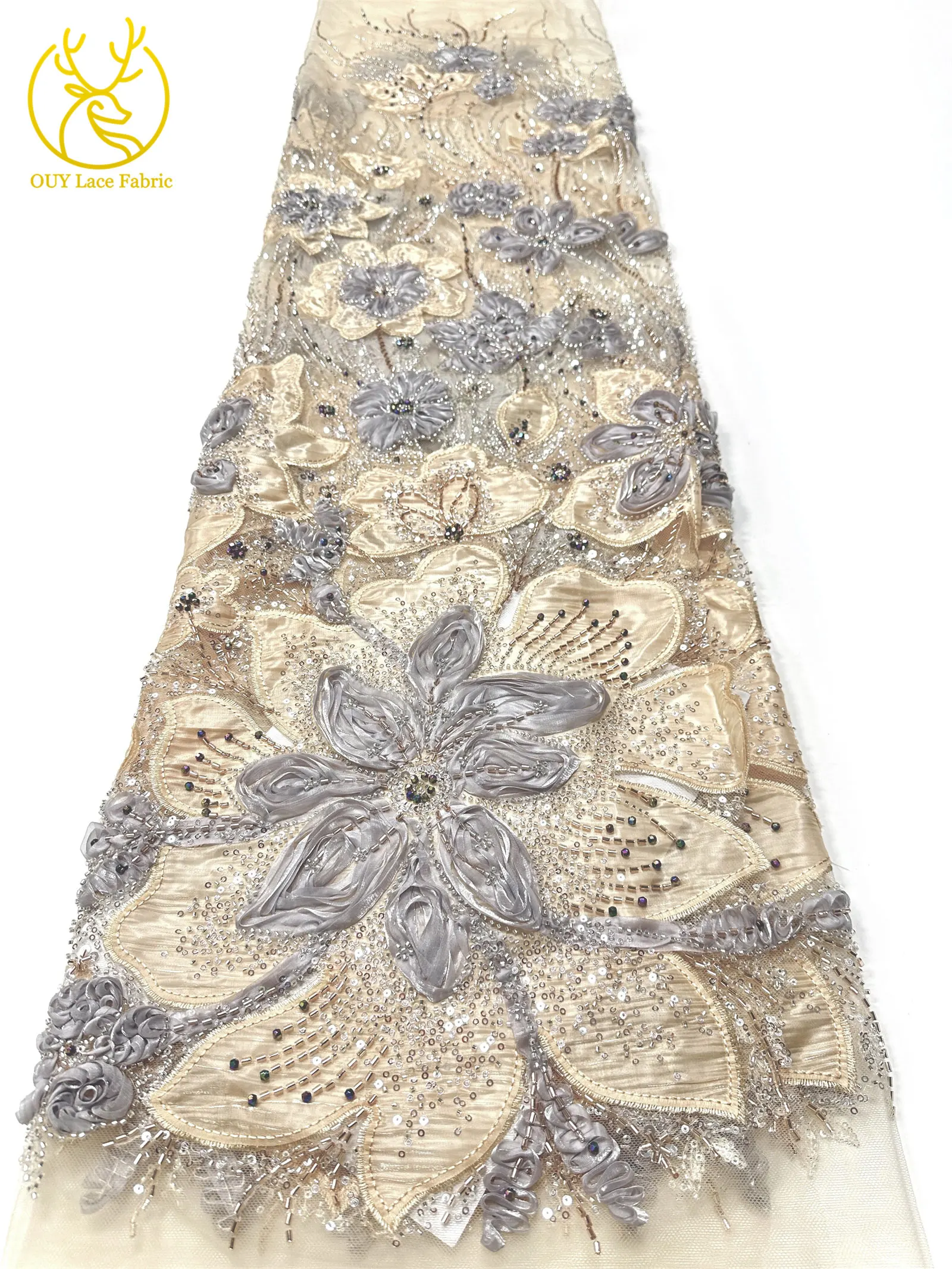 3D-Blumen-Tüll, afrikanischer Spitzenstoff, eleganter französischer nigerianischer Perlen-Pailletten-Mesh-Spitzenstoff für Damen, Hochzeitskleid-Design-Stoff – Detail 25