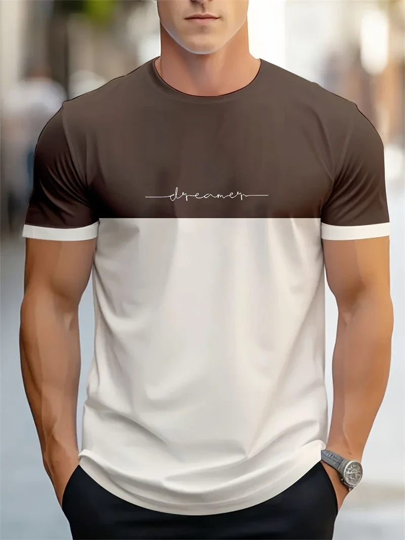 Men's Brown White Dreamer Print T-Shirt Split Color Crew Neck Short Sleeve Minimalist Casual Streetwear Tops