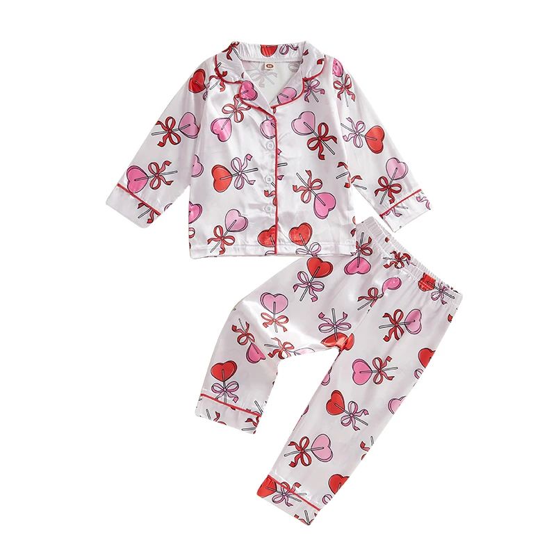 Kids Girls Valentine s Day Pajamas Set Heart Print Long Sleeve Shirts Tops Long Pants 2 Pieces Lounge Suit Sleepwear