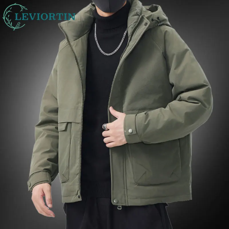 Men\'s Cargo Down Jacket 2024 Winter Fashionable Workwear Trend Casual Handsome Windproof Warm Hooded White Duck Down Jacket