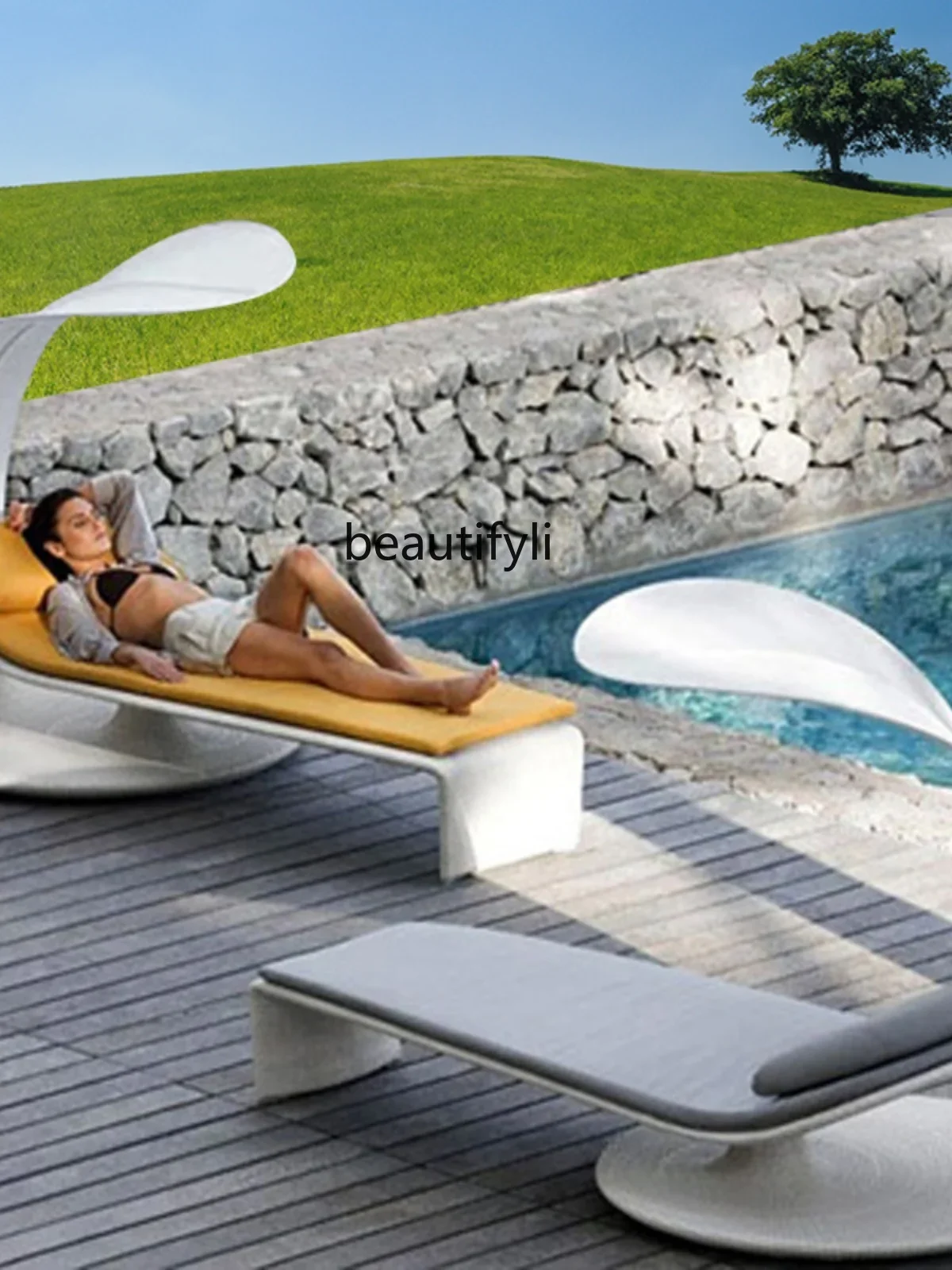 ss 26 Outdoor Lounge Swimming Pool Beach Recliner Courtyard Outdoor Leisure Lazy Terrace Rattan Backrest Creative Bed