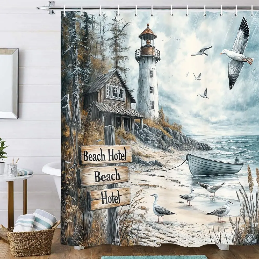 Waterproof Shower Curtain Lighthouse Beach Coastal Nautical Bathroom Decor Polyester Seaside Ocean Scene Curtain Home Accent