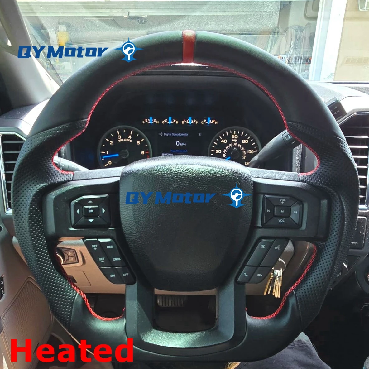 Heated Full Leather Steering Wheel For Ford F150 F-150 Raptor 2015-2020 Customized Steering Wheel Red Stripe With Paddle Holes