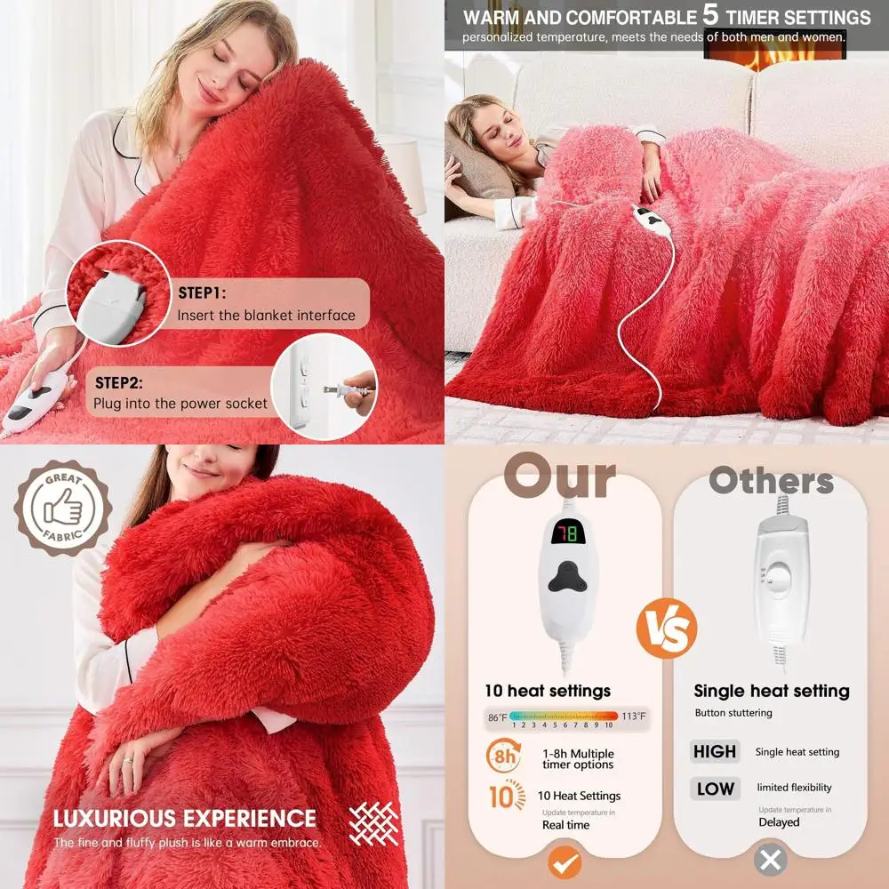 

Faux Fur Electric Blanket with 10 Heat & 5 Timer Settings, Ideal Warm Gift for Women, 50x60 Ruby Wine