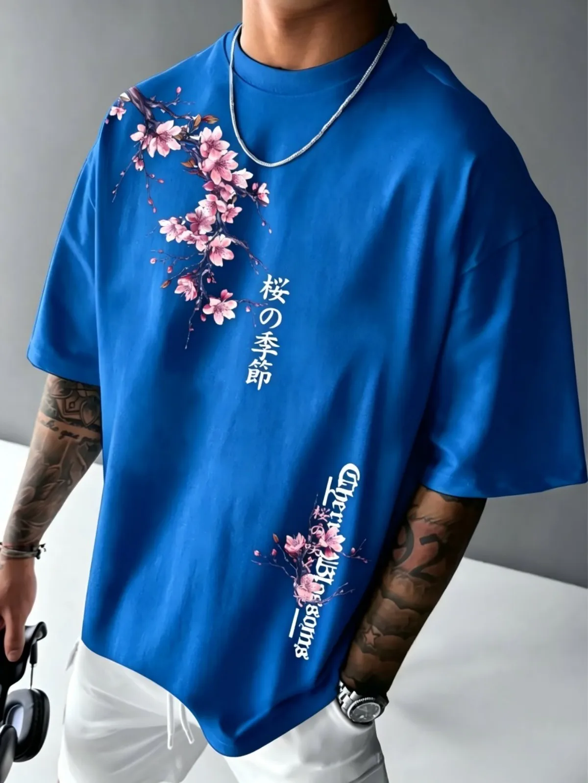 New American men's summer cherry blossom branch letter print micro elastic breathable round neck T-shirt outdoor street top