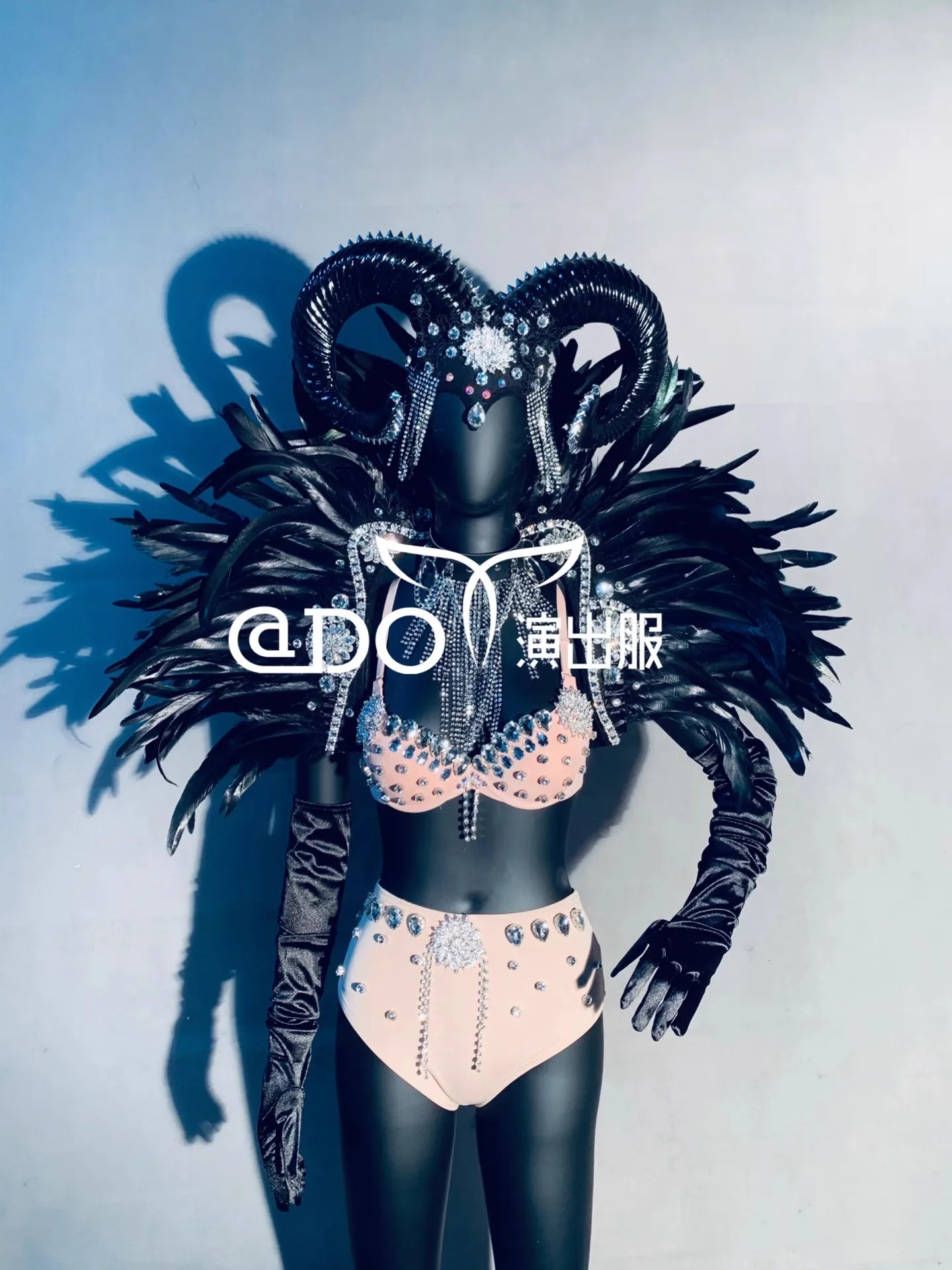 Exaggerated Cow Horn Headpiece+Feather Tops+Bikini+Gloves Set GOGO Show Costume Bar Nightclub Singer Dance Party Club Rave Wear