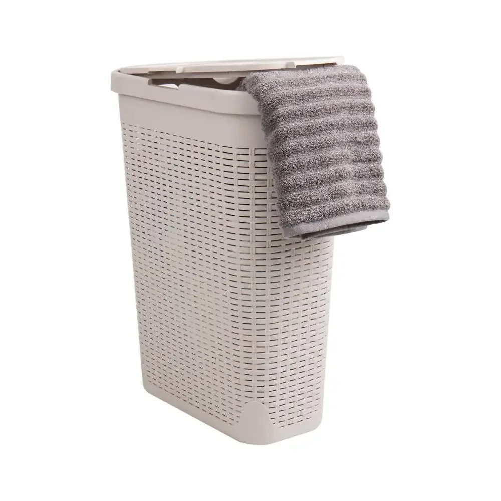 

40L Slim Wicker Design Laundry Hamper with Lid Carrying Handles Space-saving Ventilated Plastic Basket Clothes and Linens Ivory