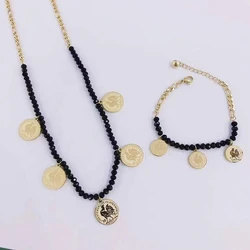 Hot Selling Accessory Wedding Jewelry For Women Beaded Cock Coin Pendant Stainless Steel With Necklace Bacelet