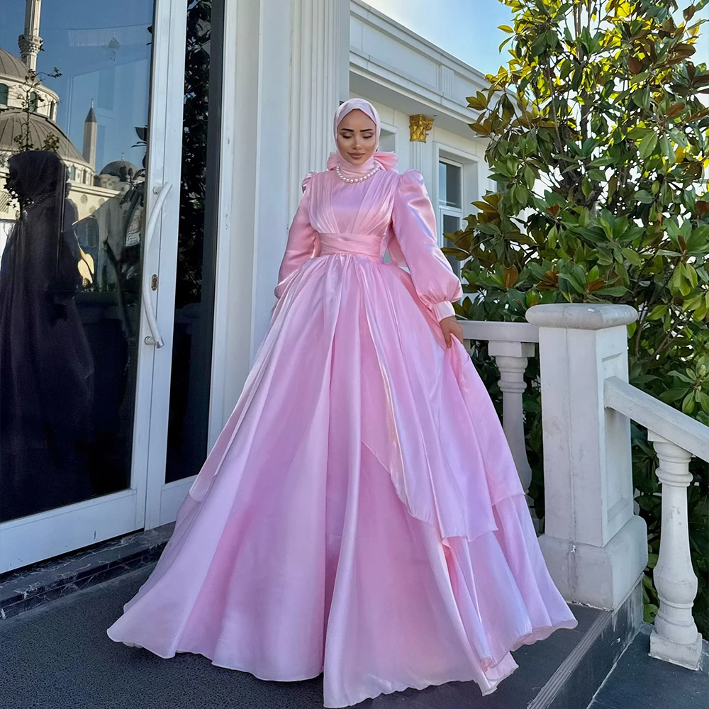 

Modest Evening Dresses Hijab High Neck Long Puff Sleeve Prom Dress Pink Wedding Guest Party Dress Customized robes de soirée
